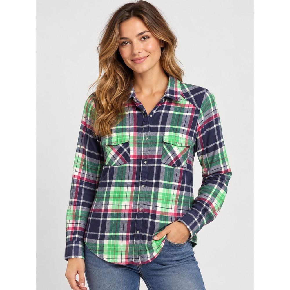 Azur Plaid Snap Button Down Shirt Women Medium Green Pink Navy Western Flannel